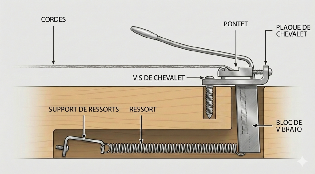 Schéma d'un tremolo de Fender Stratocaster. Image générée par IA